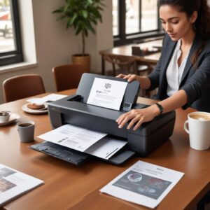 A person sitting in a cafe, actively printing documents from their smartphone to a Hp Officejet 250 All In One Mobile Printer placed on the table, surrounded by a laptop and coffee.