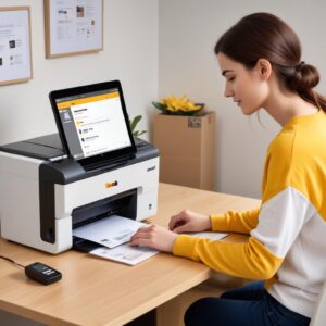 A person sitting in front of a computer, looking at a printer connected by a USB cable. The computer screen shows a download progress bar for