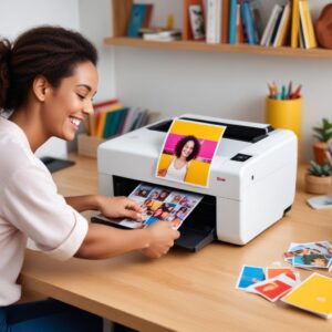 A person smiling while holding a freshly printed photo from a compact Kodak photo printer, showing vibrant colors and a happy moment. The printer is on a clean, modern desk.