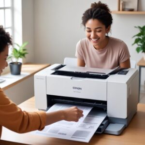 A person successfully printing a document from an Epson printer, with a happy expression. The printer is functioning smoothly, and the printed page is neatly coming out, symbolizing success after troubleshooting.