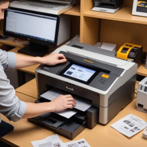 A person troubleshooting a printer, looking at the printer's LCD screen and a computer screen showing the Kodak All In One Printer Software interface with diagnostic tools. There are various cables and paper trays around the printer.