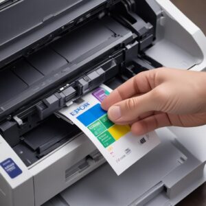 A person's hand carefully removing a colored ink cartridge from the carriage inside an open Epson inkjet printer. The ink tank system is visible.