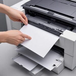 A person's hand carefully removing a jammed piece of continuous form paper from the Epson Dot Matrix LX-310's paper feeder, with an emphasis on gentle handling.