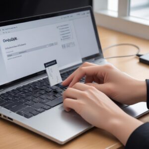 A person's hand holding a USB cable, connecting it from a laptop to an Epson L6290 printer. The laptop screen shows an open window of the