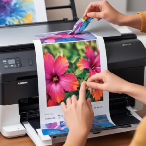 A person's hand holding a freshly printed, vibrant photo from an all-in-one printer. The printer screen shows a photo editing interface.