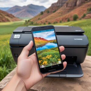 A person's hand holding a smartphone displaying the HP Smart app interface, with a beautifully printed color photo coming out of the HP Smart Tank 5105 printer in the background. The photo depicts a vibrant landscape, highlighting the printer's color accuracy.