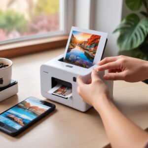 A person's hand holding a smartphone, pointing towards a small, portable photo printer. The printer is actively printing a small colorful photo. The background is a travel scene or a cozy living room.