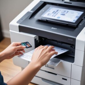 A person's hand interacting with a printer's touchscreen display, showing options for printing, scanning, and copying from a mobile device, emphasizing smart features and ease of use.