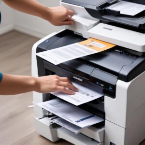 A person's hand placing a stack of documents into the Automatic Document Feeder (ADF) of an All-in-One printer. The printer screen shows