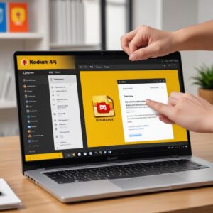 A person's hand pointing at a laptop screen showing a download page for