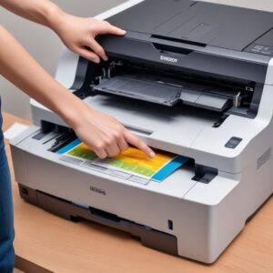 A person's hand pointing at different parts of a color laser printer, showing the toner cartridge slot, paper tray, and scanning bed. The image emphasizes the internal components and maintenance aspects.