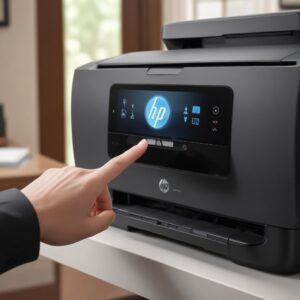 A person's hand pressing a button on the control panel of an HP Wifi Printer All-in-One, with a Wi-Fi symbol glowing on the screen. The background shows a blurry home office or living room, emphasizing wireless convenience.