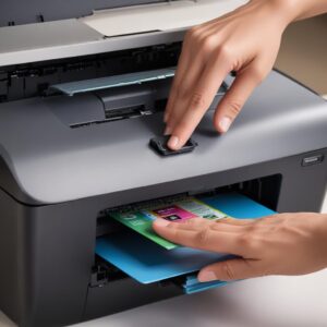 A person's hands carefully installing a new HP 61 Tri-color ink cartridge into the Hp Printer Deskjet 1050 All In One J410 Series. The printer's top cover is open, revealing the cartridge carriage. The background is slightly blurred to keep focus on the action, emphasizing the ease of installation.