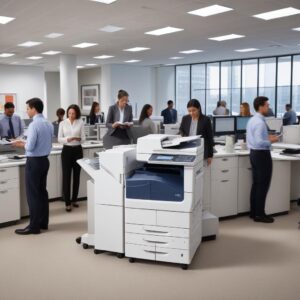 A powerful Xerox multifunction machine in a large corporate office, surrounded by busy professionals, emphasizing its capacity for high-volume tasks and advanced document management.