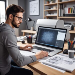 A professional graphic designer working on a laptop, with various design tools on the desk. In the background, a modern all-in-one printer is visible, ready to print. The atmosphere is creative and focused.