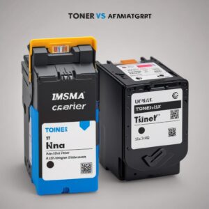 A side-by-side comparison image of a laser printer toner cartridge next to an inkjet printer ink cartridge, highlighting the size difference and implying greater capacity of the toner. Text overlays might say