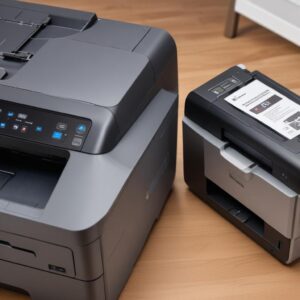 A side-by-side comparison image of an inkjet printer and a laser printer, highlighting their differences in speed and print type.