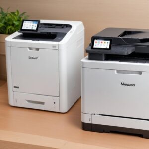 A side-by-side comparison image of an inkjet printer and a laser printer, with arrows highlighting their main differences in terms of ink/toner, speed, and output quality. Background shows office and home settings.