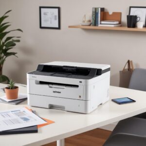A sleek Brother All-in-One Color Laser Printer on a modern office desk with a laptop and papers, showing its compact design.