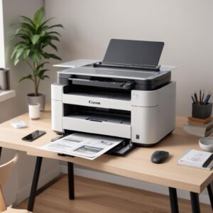 A sleek and modern Canon Printer All In One G3010 on a clean desk, with a laptop connected wirelessly, illustrating its multi-functionality (print, scan, copy) and wireless capabilities in a home office setting. The printer's transparent ink tanks are visible.