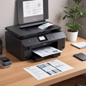 A sleek, black Canon G7020 All-in-One Printer placed on a modern wooden desk in a home office setting. The printer's front-facing ink tanks are visible, showing various ink levels. A laptop and a stack of printed documents are nearby. The overall atmosphere is clean, organized, and productive.