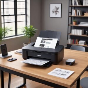 A sleek, black Canon Pixma TS5150 all-in-one printer in a modern home office setting, with a laptop and smartphone connected wirelessly to it, showing a user easily printing a document.