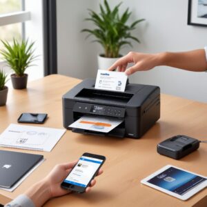 A sleek, compact Brother All-in-One J1010dw printer on a clean desk, with a laptop connected wirelessly, and a hand holding a smartphone showing the Brother Mobile Connect app. The background is a bright, modern home office setting.