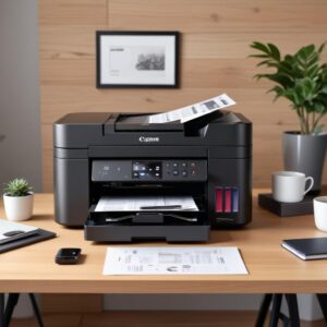 A sleek, compact Canon G7020 All In One Printer Home Office placed on a clean wooden desk in a modern home office setting, with a laptop and a cup of coffee nearby. The printer's ink tanks are visible, showing full levels.