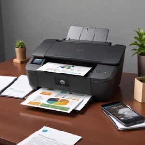 A sleek, compact HP Officejet 250 Mobile All-in-One Printer sitting on a modern desk with a laptop and a smartphone, highlighting its portability and connectivity for a busy professional.