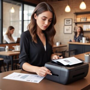 A sleek, compact HP Officejet 250 Mobile All-in-One printer being used by a young woman in a modern coffee shop, printing documents wirelessly from her laptop. The scene is bright and dynamic, showcasing mobility and ease of use.