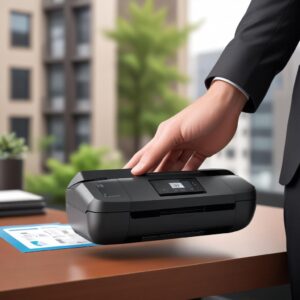 A sleek, compact Hp Officejet 250 All In One Mobile Printer being held in one hand, showing its small size and portability, with a blurred office background.