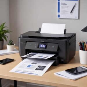 A sleek, compact black Epson XP 3200 All In One Printer Zwart sitting on a clean, modern desk, connected wirelessly to a laptop, with a smartphone displaying the Epson iPrint app nearby. The printer is actively printing a document.