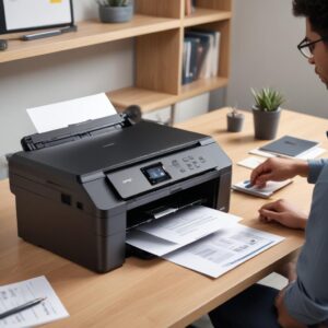 A sleek, modern All-In-One Brother Printer in a home office setting, with a person using a laptop nearby. The printer is shown printing a document, with a scanner lid open on top.