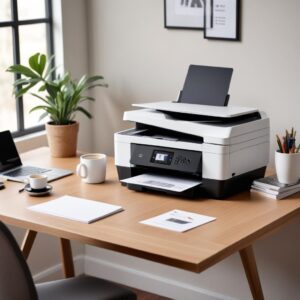 A sleek, modern All-In-One Printer sitting on a clean, minimalist desk in a home office setting, with a laptop and a cup of coffee nearby. The printer is compact and stylish.