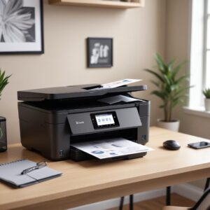 A sleek, modern All-in-One printer sitting on a clean desk in a home office setting. The printer is compact, showing its multifunctionality (print, scan, copy). There's a laptop next to it, connected wirelessly, and a smartphone nearby. The background is softly blurred.