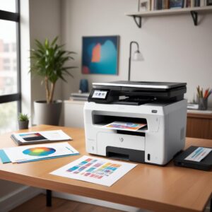 A sleek, modern Colour Laser Printer All In One HP on a clean desk in a home office setting, with a laptop open next to it, showing a colorful document being printed. The printer has a small touchscreen interface.