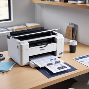 A sleek, modern Epson EcoTank printer with its ink tanks visible, placed on a clean desk with some printed documents and a smartphone wirelessly connected. The printer should be a model from the 2 million IDR price range, like the L3250 or L3210.
