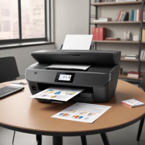 A sleek, modern HP All In One Ink Jet printer sitting on a clean desk with a laptop and a smartphone next to it. The printer is actively printing colorful documents.