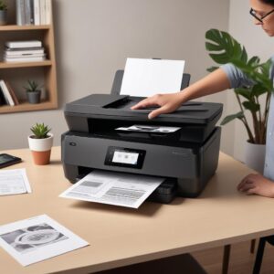 A sleek, modern HP All-in-One laser printer sitting on a clean desk in a home office setting, with a person's hands operating a smartphone to print wirelessly. The printer is compact and stylish.