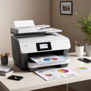 A sleek, modern HP All-in-One printer, model Envy 6131e Juniper, on a clean desk next to a laptop. The printer is shown printing a colorful document, with a smartphone displaying the HP Smart App nearby. The room is well-lit and organized, suggesting a home office or small business environment.