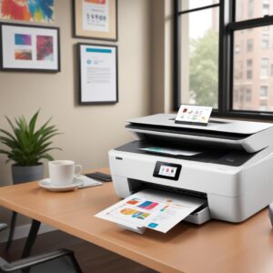 A sleek, modern HP All-in-One printer with a bright display, showing a smartphone wirelessly connected to it, printing a colorful document. The printer is placed on a clean desk in a home office setting with a laptop and a cup of coffee nearby.