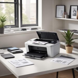 A sleek, modern HP Laser Jet Printer All In One on a clean desk, with a laptop and a smartphone next to it, illustrating its multi-device connectivity and efficient workspace.