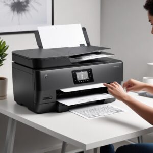 A sleek, modern HP Laser Printer All-in-One sitting on a white desk in a home office setting. The printer has a digital touchscreen display showing its functions. A person's hands are lightly touching the printer.