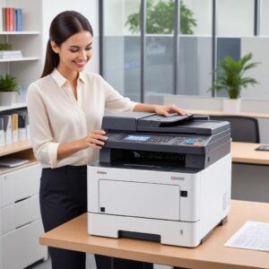 A sleek, modern Kyocera Laser Printer All In One in a bright office setting, with a user smiling while operating the touchscreen display. Emphasize the all-in-one functionality with some papers being printed and scanned.