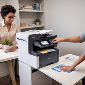 A sleek, modern Laser Jet Color Printer All In One in a home office setting, with a person quickly scanning a stack of documents using its Automatic Document Feeder (ADF). The printer displays a vibrant color print on its output tray.