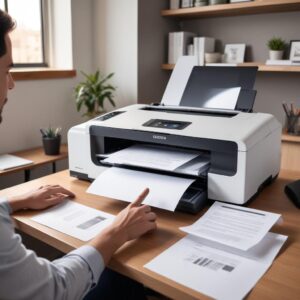 A sleek, modern Laser Jet Printer All In One in a home office setting, with a laptop open next to it, showing a person's hands ready to print a document. The printer has a small touchscreen display.
