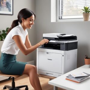 A sleek, modern Printer All In One Laser Color in a clean home office setting, with a person smiling while interacting with it, illustrating ease of use and efficiency. The printer is compact and stylish.