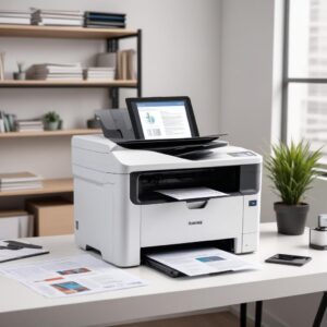 A sleek, modern Printer Scanner All In One Laser machine in a minimalist office setting, with a laptop open next to it, and a stack of printed documents. The printer has a small color touchscreen display.