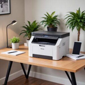 A sleek, modern Wifi All-In-One Laser Printer in a home office setting, connected wirelessly to a laptop and a smartphone, with neat cables and a plant on the desk. The printer is actively printing a document.