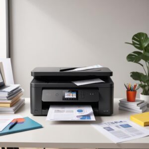 A sleek, modern all-in-one inkjet printer on a clean desk, surrounded by neatly stacked documents and a laptop, symbolizing efficiency and multifunctionality. The printer is actively printing a colorful document.